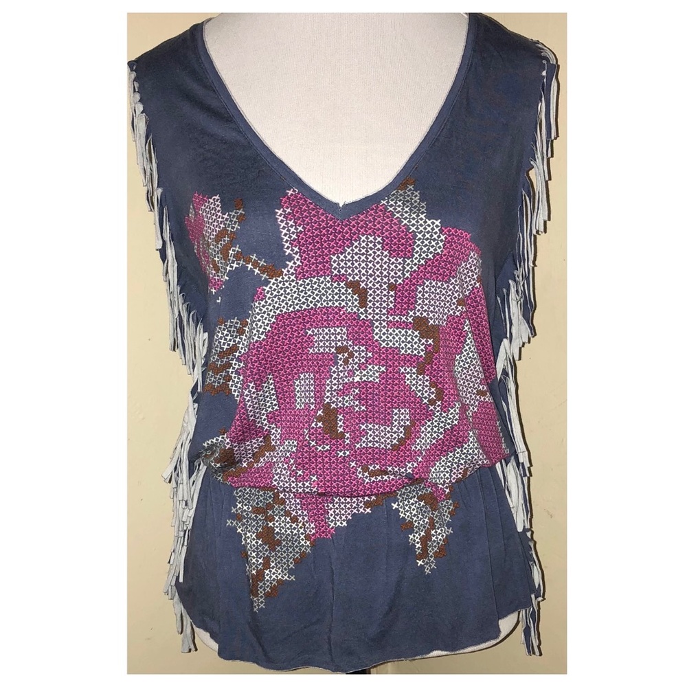 Rampage Fringed Sleeveless Elastic Waist Tank Top, Sz M